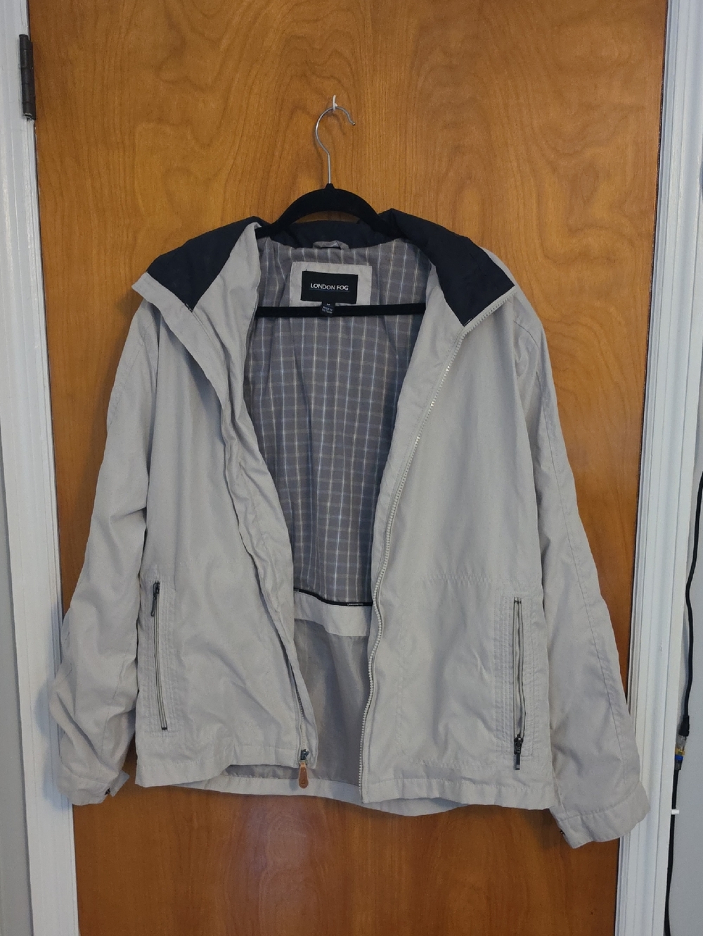 London Fog Men's Light Gray Hooded Windbreaker with Dark Trim